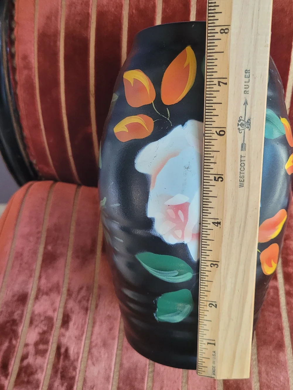Vintage Black Floral Ceramic Vase with White Rose and Orange Buds